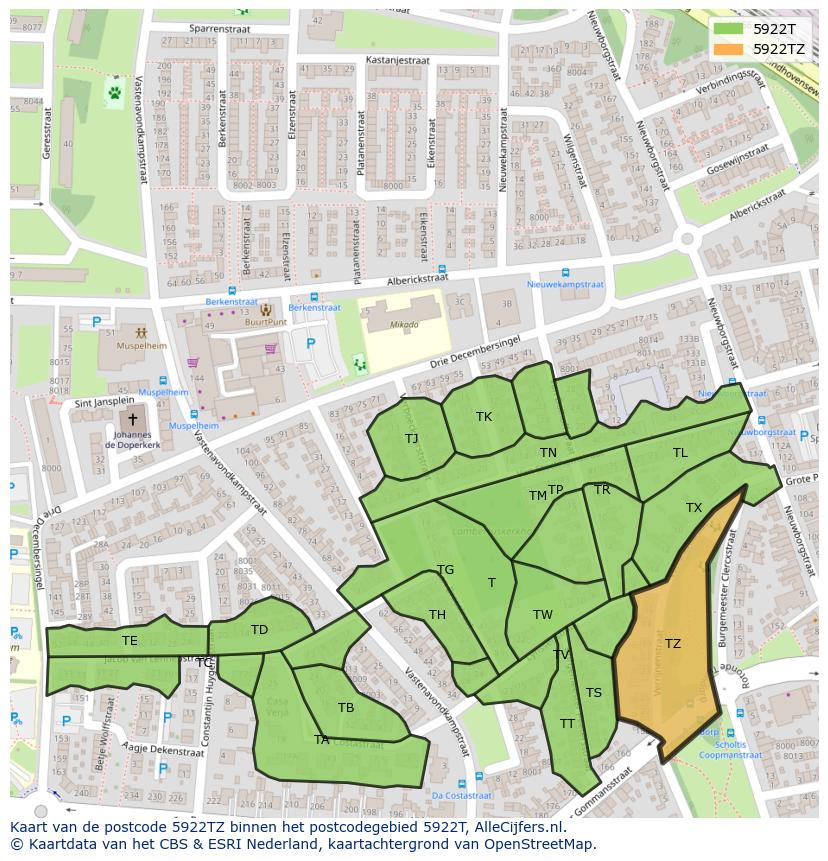 Afbeelding van het postcodegebied 5922 TZ op de kaart.