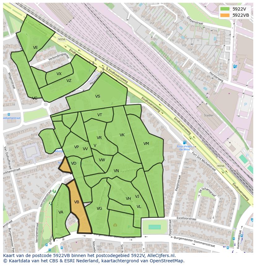 Afbeelding van het postcodegebied 5922 VB op de kaart.