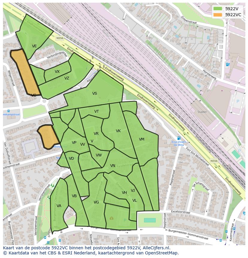 Afbeelding van het postcodegebied 5922 VC op de kaart.