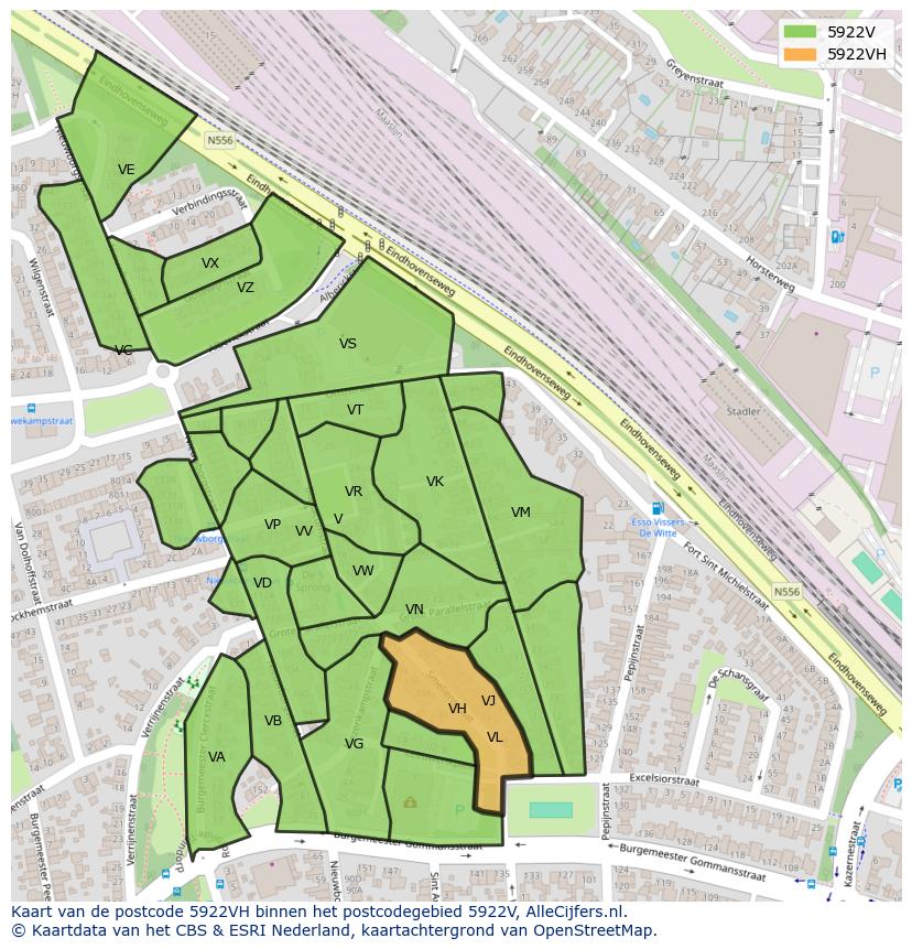Afbeelding van het postcodegebied 5922 VH op de kaart.