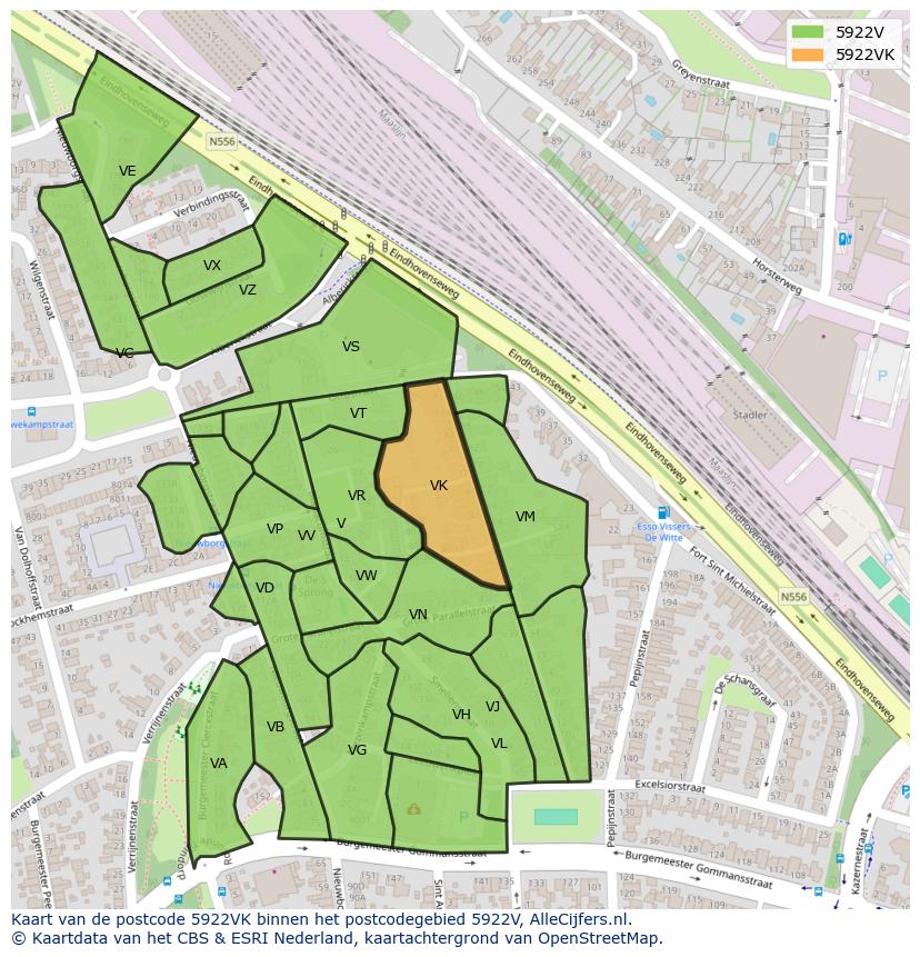 Afbeelding van het postcodegebied 5922 VK op de kaart.