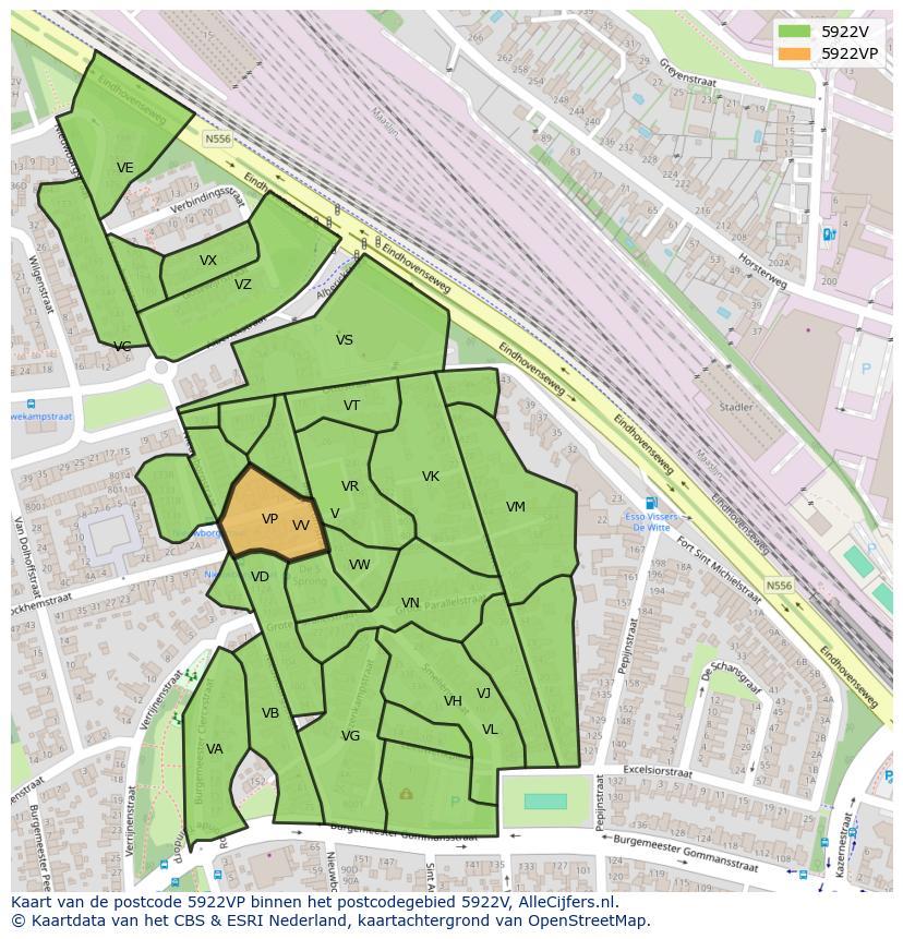 Afbeelding van het postcodegebied 5922 VP op de kaart.