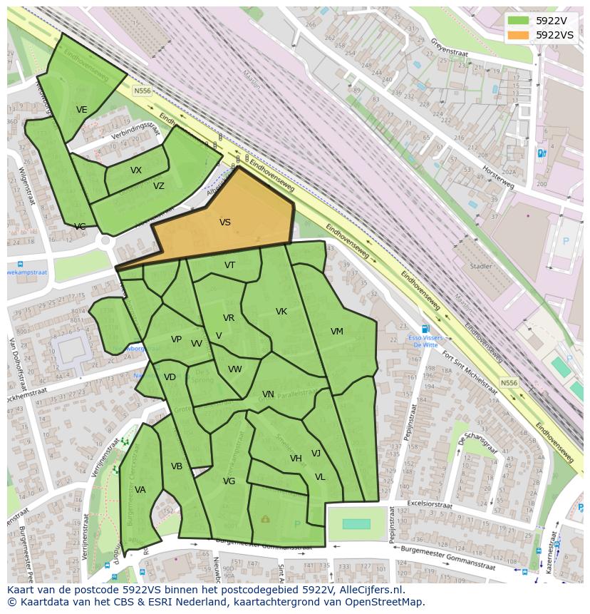 Afbeelding van het postcodegebied 5922 VS op de kaart.