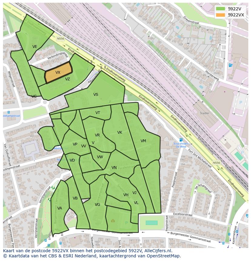 Afbeelding van het postcodegebied 5922 VX op de kaart.