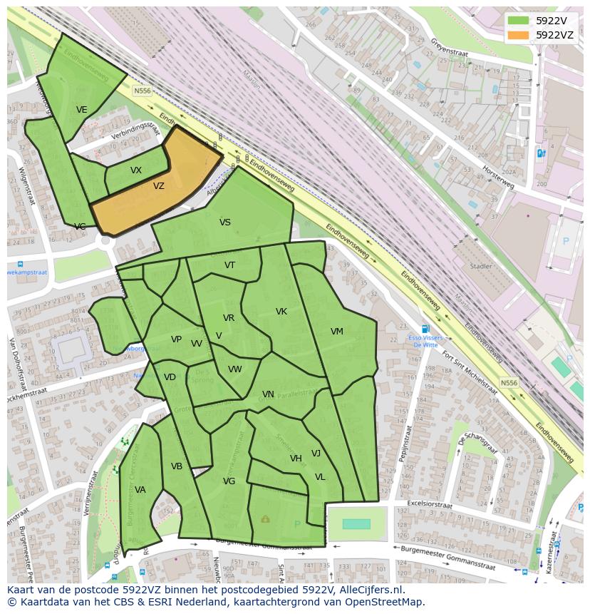 Afbeelding van het postcodegebied 5922 VZ op de kaart.
