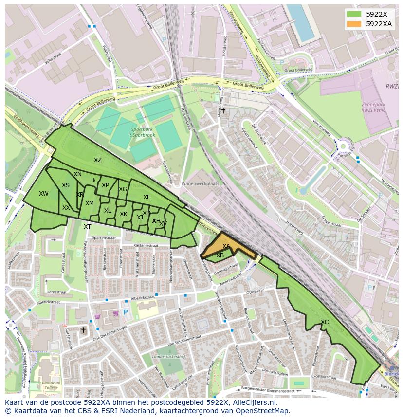 Afbeelding van het postcodegebied 5922 XA op de kaart.