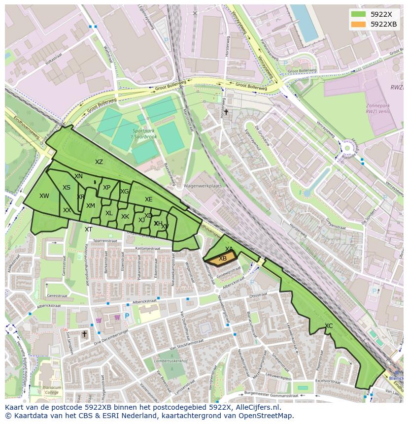 Afbeelding van het postcodegebied 5922 XB op de kaart.