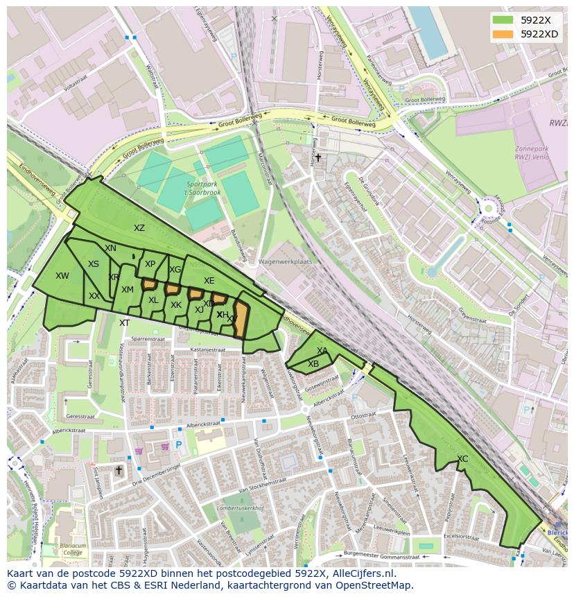 Afbeelding van het postcodegebied 5922 XD op de kaart.