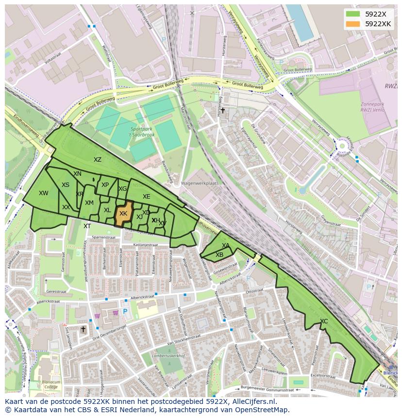 Afbeelding van het postcodegebied 5922 XK op de kaart.