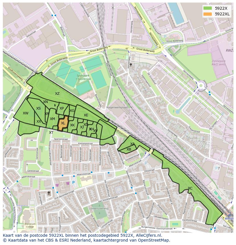 Afbeelding van het postcodegebied 5922 XL op de kaart.