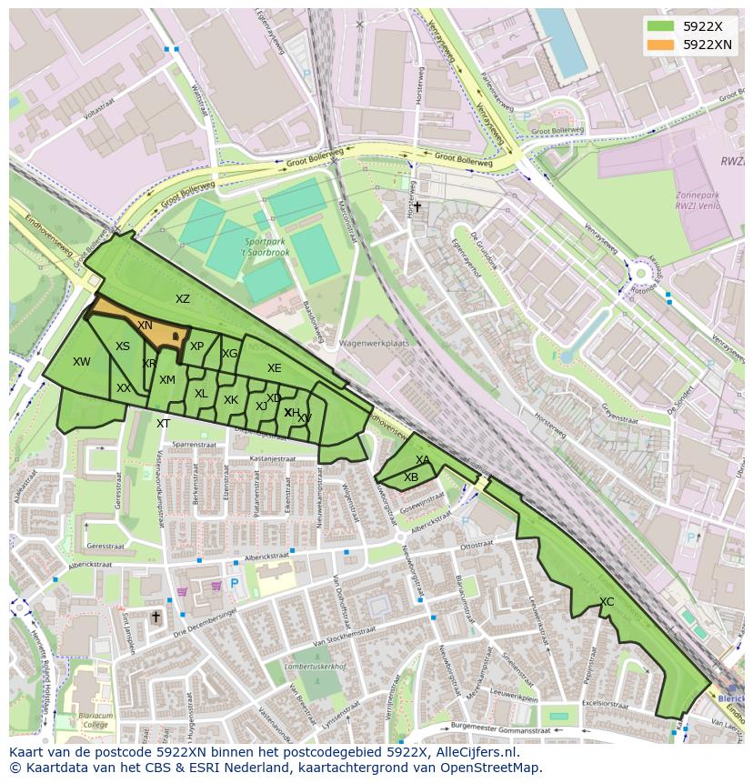 Afbeelding van het postcodegebied 5922 XN op de kaart.