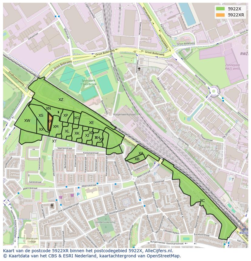 Afbeelding van het postcodegebied 5922 XR op de kaart.