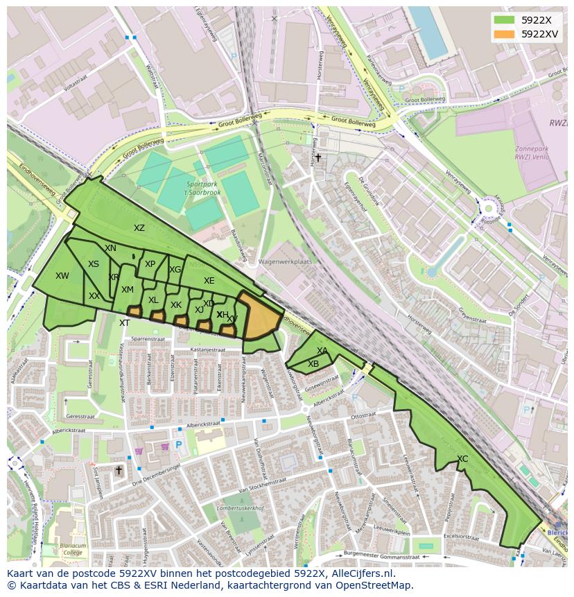 Afbeelding van het postcodegebied 5922 XV op de kaart.