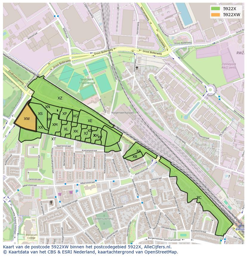 Afbeelding van het postcodegebied 5922 XW op de kaart.