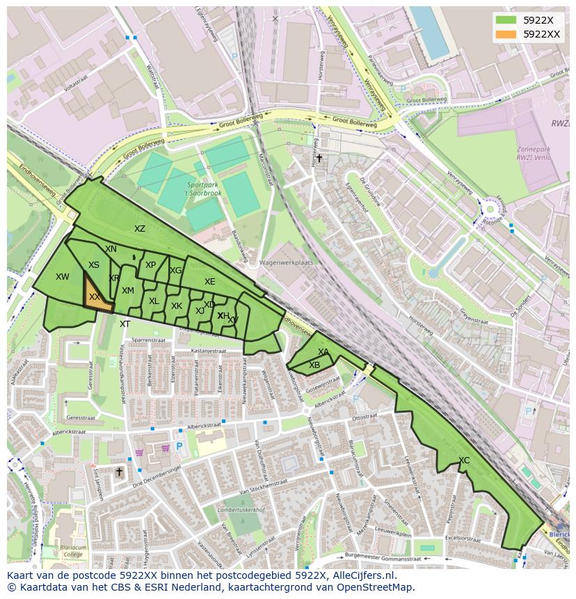 Afbeelding van het postcodegebied 5922 XX op de kaart.