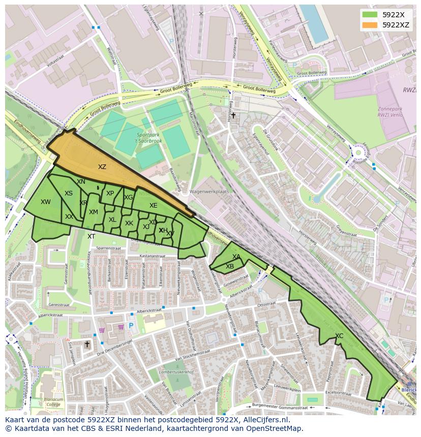 Afbeelding van het postcodegebied 5922 XZ op de kaart.