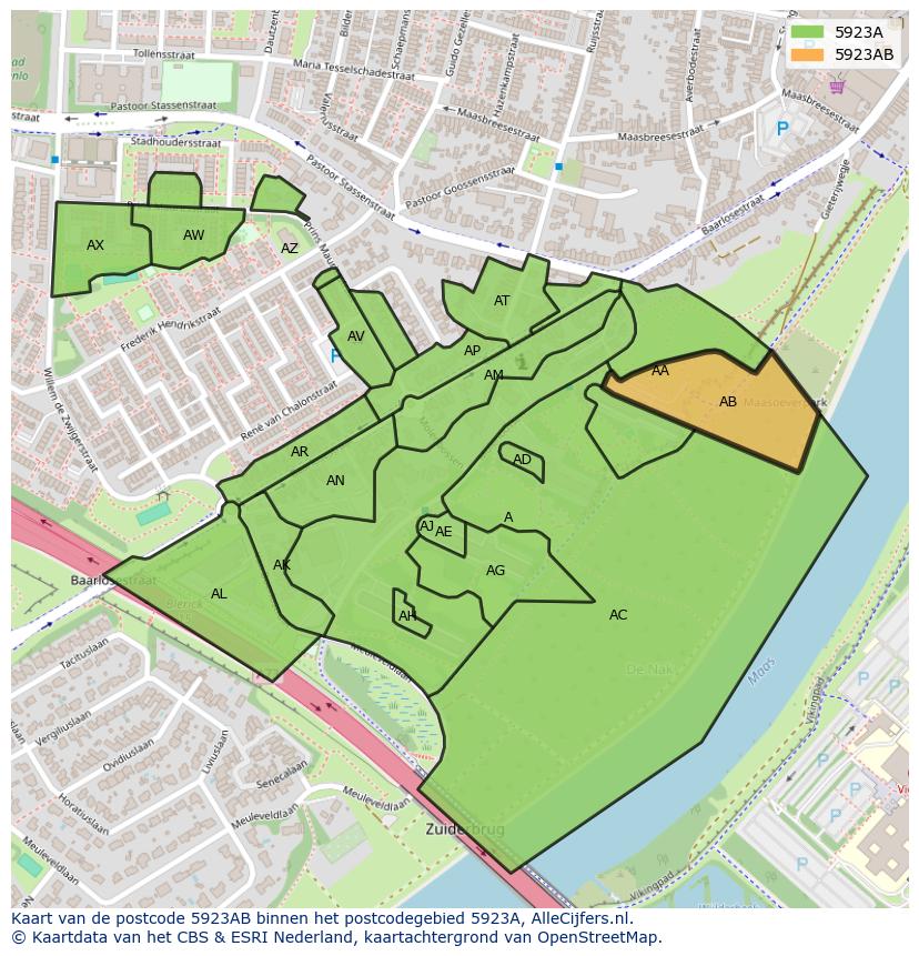 Afbeelding van het postcodegebied 5923 AB op de kaart.