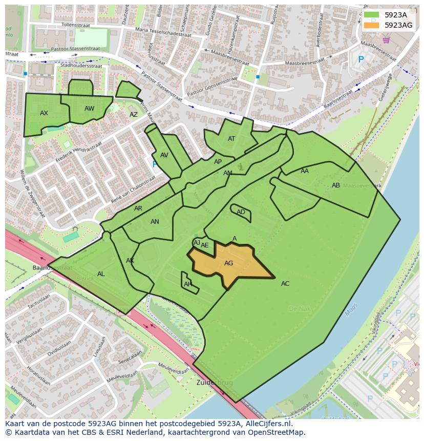 Afbeelding van het postcodegebied 5923 AG op de kaart.