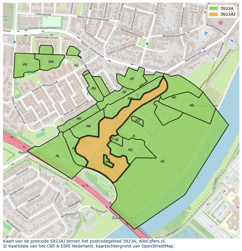 Afbeelding van het postcodegebied 5923 AJ op de kaart.