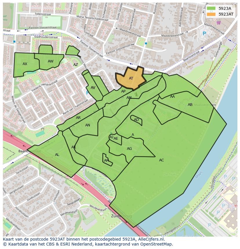 Afbeelding van het postcodegebied 5923 AT op de kaart.
