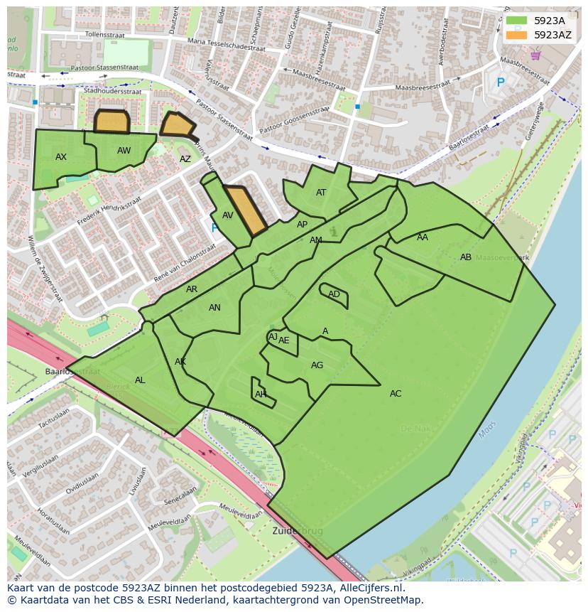 Afbeelding van het postcodegebied 5923 AZ op de kaart.