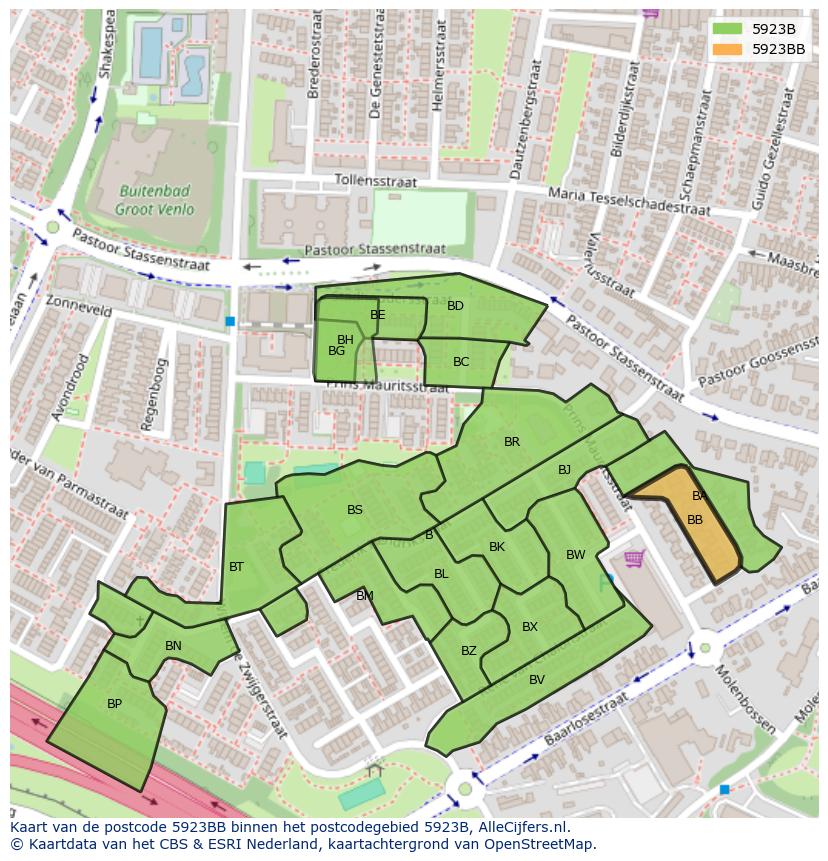 Afbeelding van het postcodegebied 5923 BB op de kaart.