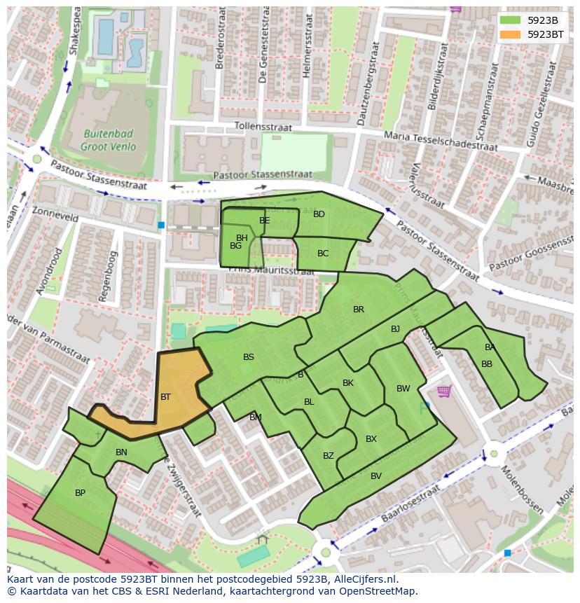 Afbeelding van het postcodegebied 5923 BT op de kaart.