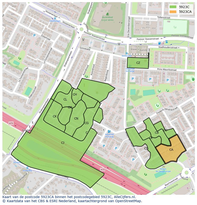 Afbeelding van het postcodegebied 5923 CA op de kaart.
