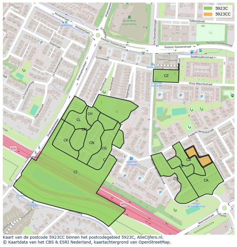 Afbeelding van het postcodegebied 5923 CC op de kaart.
