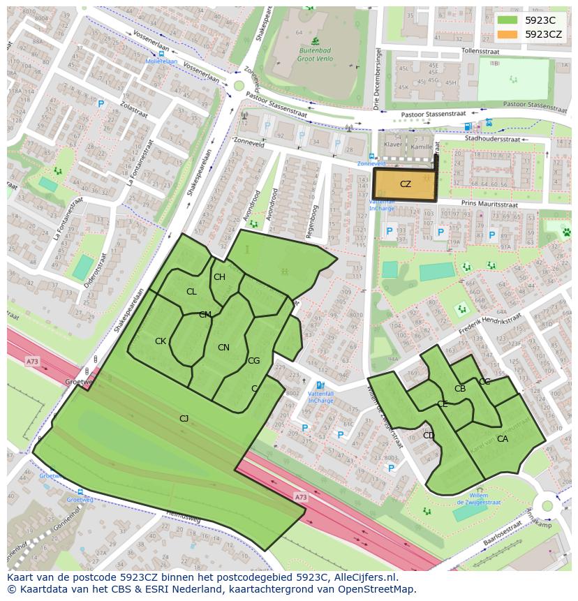 Afbeelding van het postcodegebied 5923 CZ op de kaart.