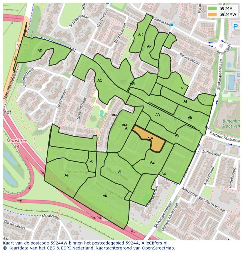 Afbeelding van het postcodegebied 5924 AW op de kaart.