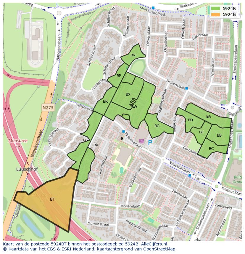 Afbeelding van het postcodegebied 5924 BT op de kaart.