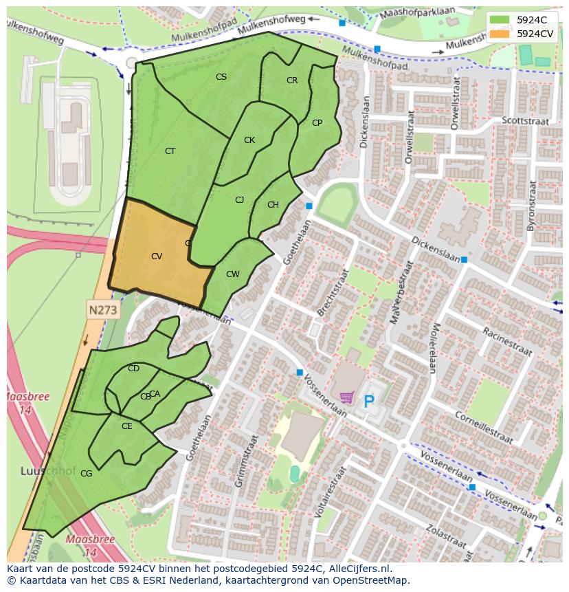 Afbeelding van het postcodegebied 5924 CV op de kaart.