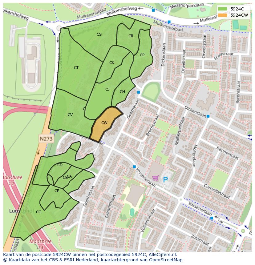 Afbeelding van het postcodegebied 5924 CW op de kaart.