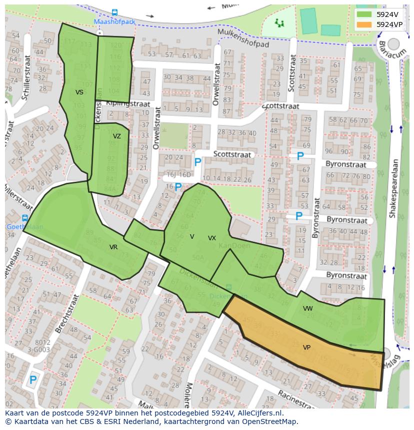 Afbeelding van het postcodegebied 5924 VP op de kaart.