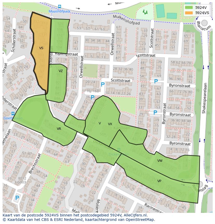 Afbeelding van het postcodegebied 5924 VS op de kaart.