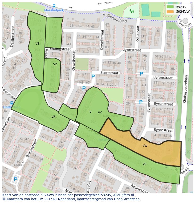 Afbeelding van het postcodegebied 5924 VW op de kaart.