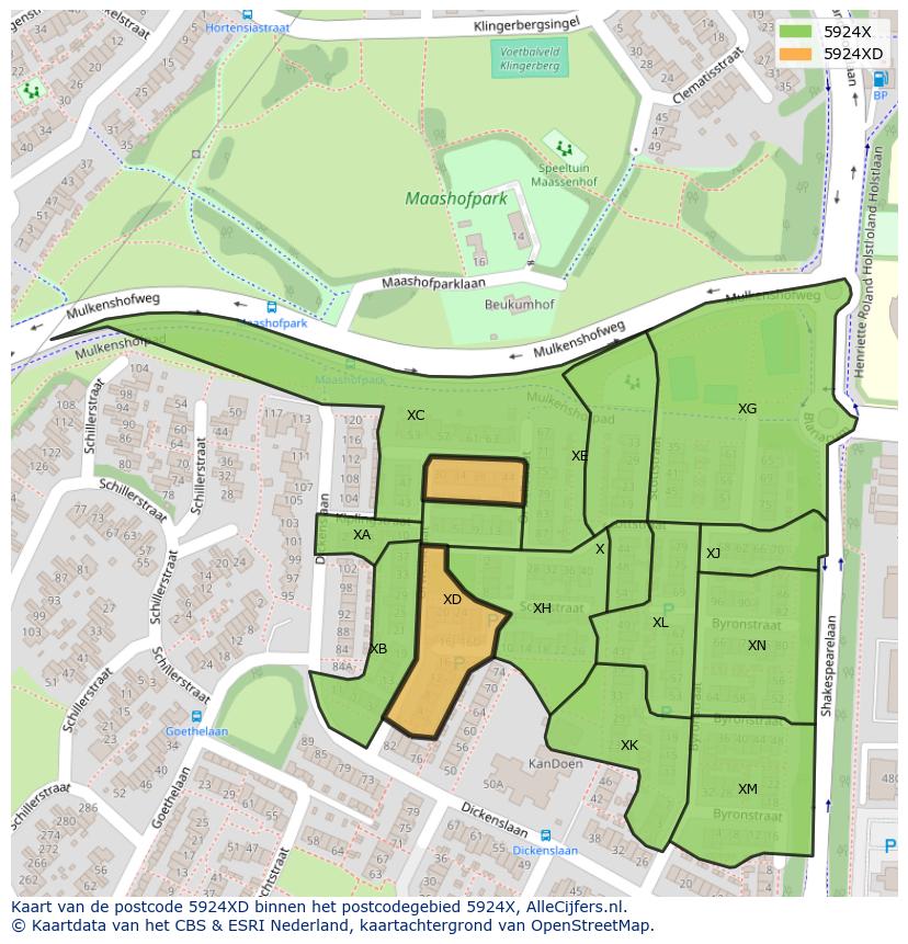Afbeelding van het postcodegebied 5924 XD op de kaart.