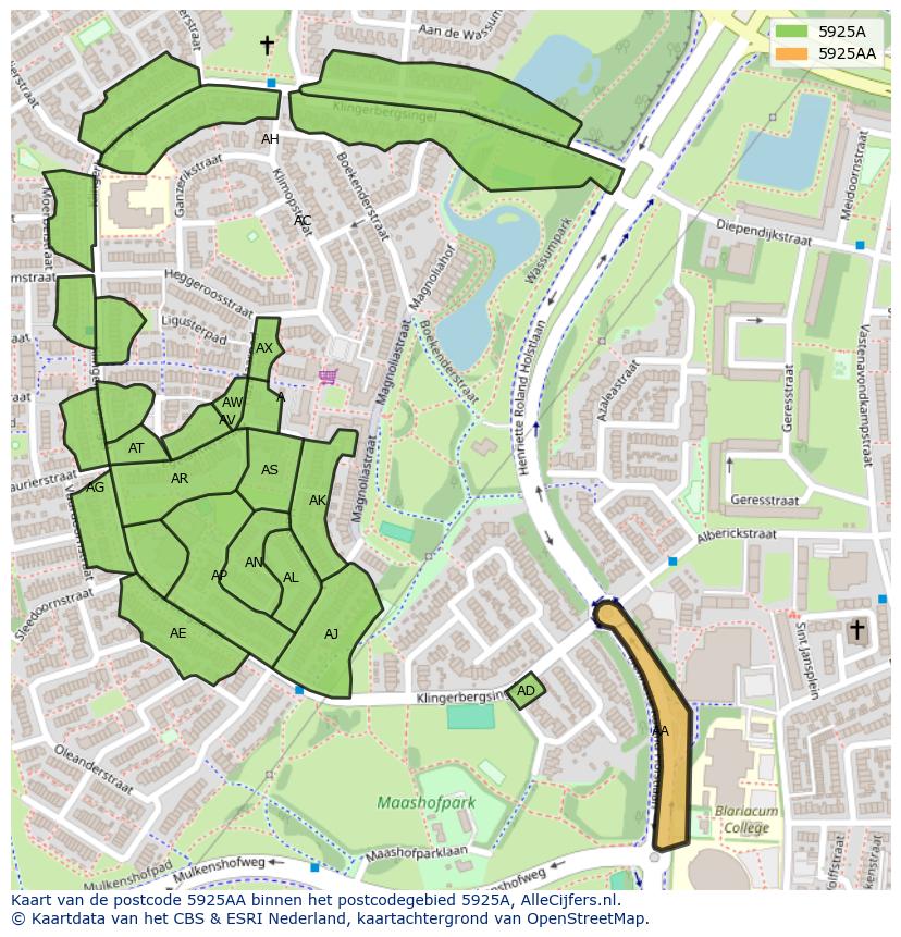 Afbeelding van het postcodegebied 5925 AA op de kaart.