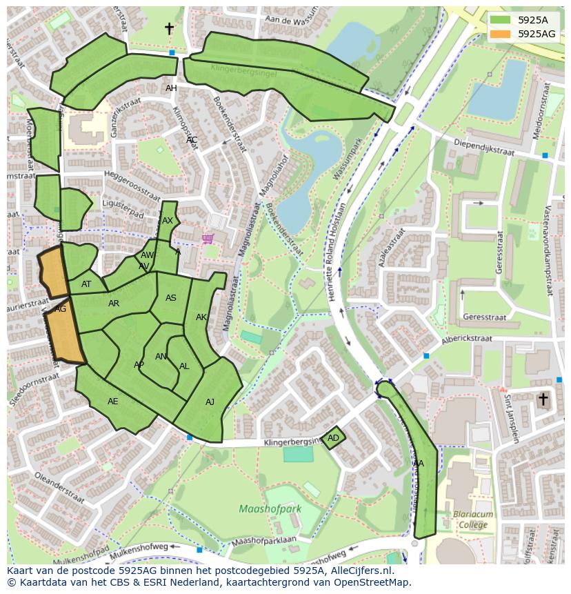 Afbeelding van het postcodegebied 5925 AG op de kaart.