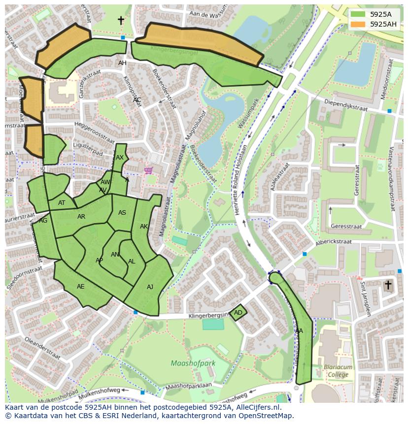 Afbeelding van het postcodegebied 5925 AH op de kaart.