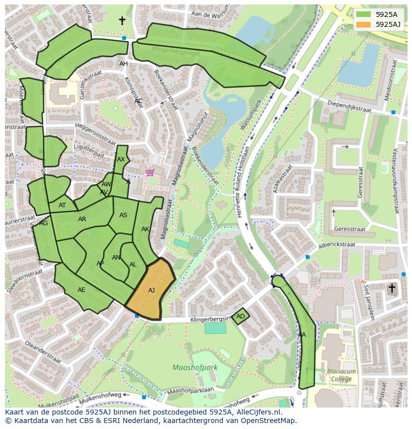Afbeelding van het postcodegebied 5925 AJ op de kaart.