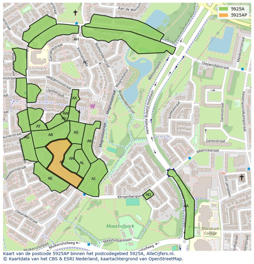 Afbeelding van het postcodegebied 5925 AP op de kaart.
