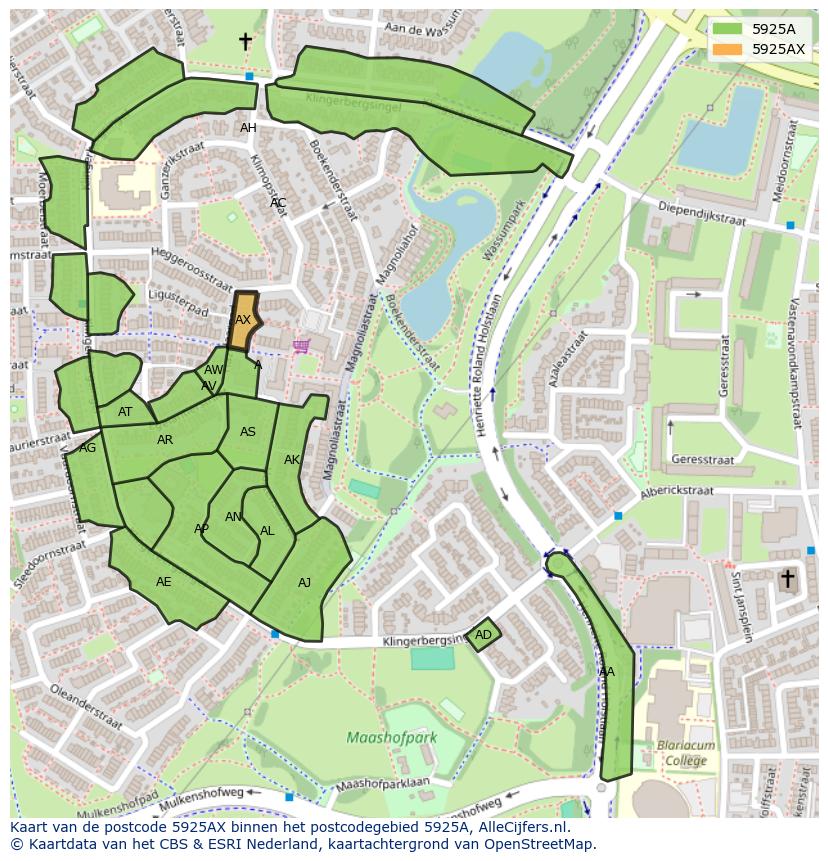Afbeelding van het postcodegebied 5925 AX op de kaart.