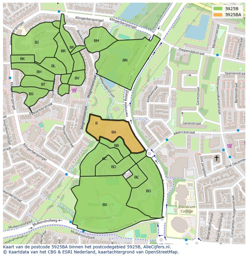 Afbeelding van het postcodegebied 5925 BA op de kaart.