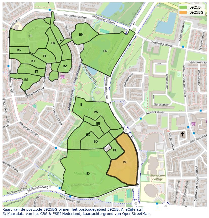 Afbeelding van het postcodegebied 5925 BG op de kaart.