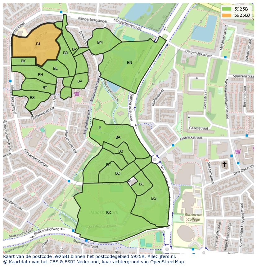 Afbeelding van het postcodegebied 5925 BJ op de kaart.