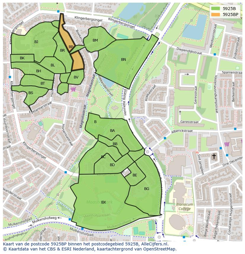 Afbeelding van het postcodegebied 5925 BP op de kaart.