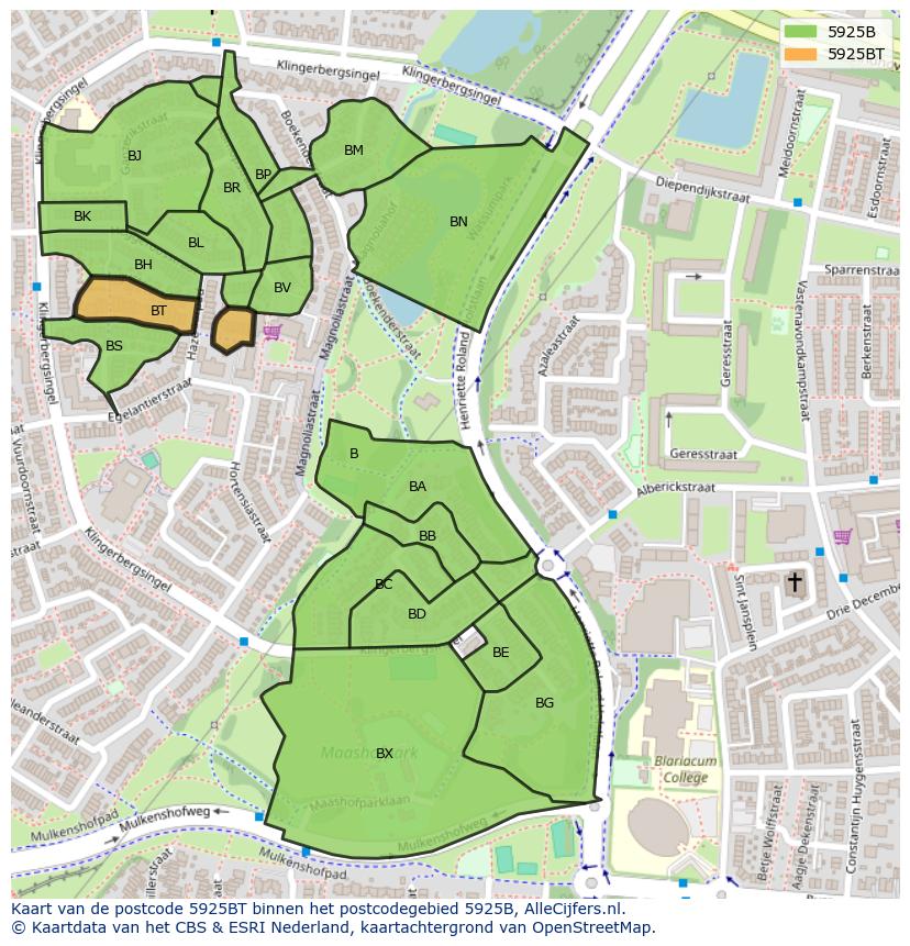 Afbeelding van het postcodegebied 5925 BT op de kaart.