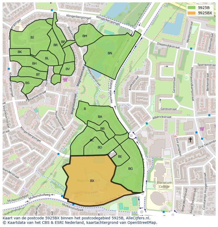 Afbeelding van het postcodegebied 5925 BX op de kaart.